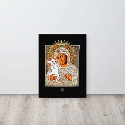 ChiMama - Chi Mama - Chihuahua Mama. Madonna and child icon artist's collage on black background by Renate Kriegler. Durable art print on hand-stretched canvas. Different and stylish gift idea for a doting chihuahua mummy and her spoilt pup. Perfect for Mother's Day / Mothering Sunday.