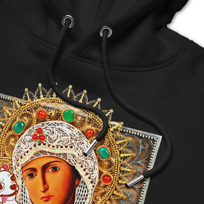This premium black hoodie features an artist's collage depicting a madonna and child icon with a difference, where the madonna holds her precious little chi baby. She's a chihuahua mama and her chi pup is the bestest little baby in the whole wide world. Black eco hoodie with pouch. Womens and mens sizes. Organic cotton and recycled polyester.