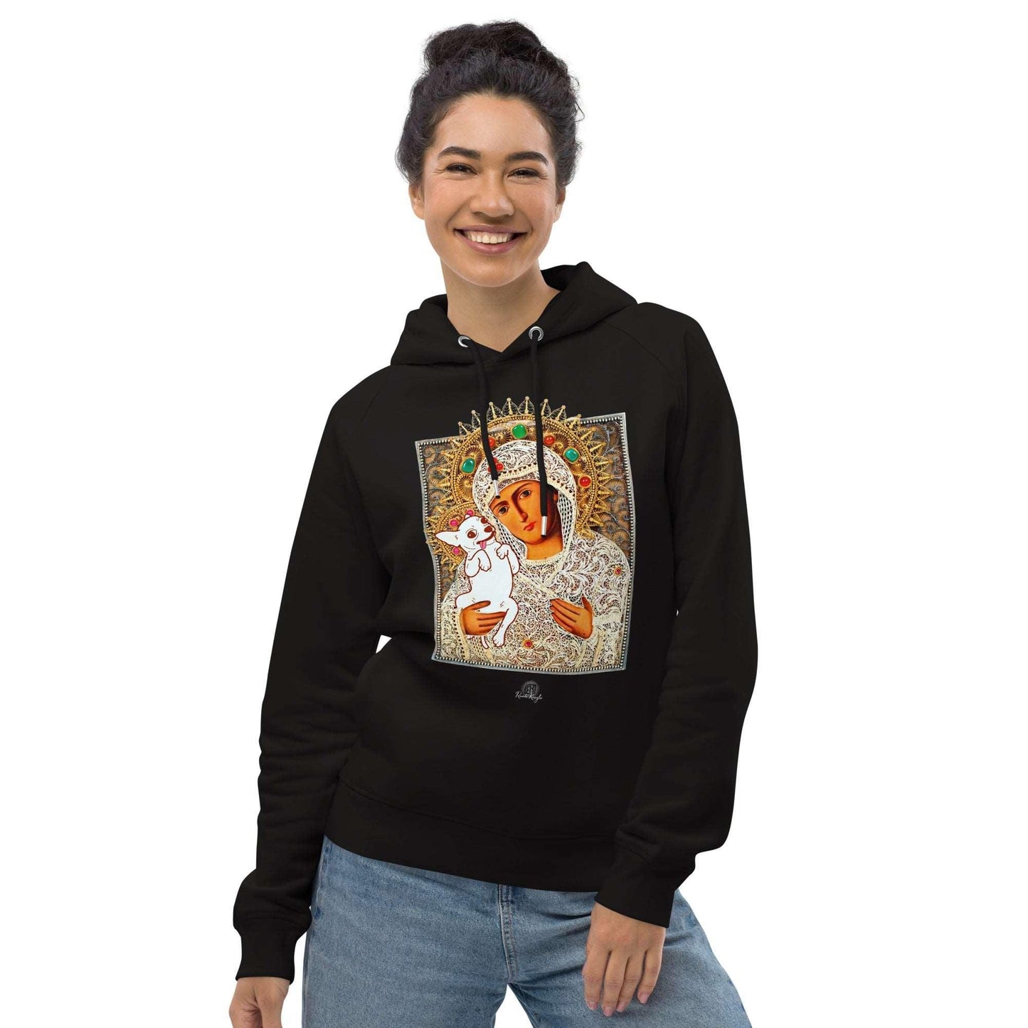 This premium black hoodie features an artist's collage depicting a madonna and child icon with a difference, where the madonna holds her precious little chi baby. She's a chihuahua mama and her chi pup is the bestest little baby in the whole wide world. Black eco hoodie with pouch. Womens and mens sizes. Organic cotton and recycled polyester.