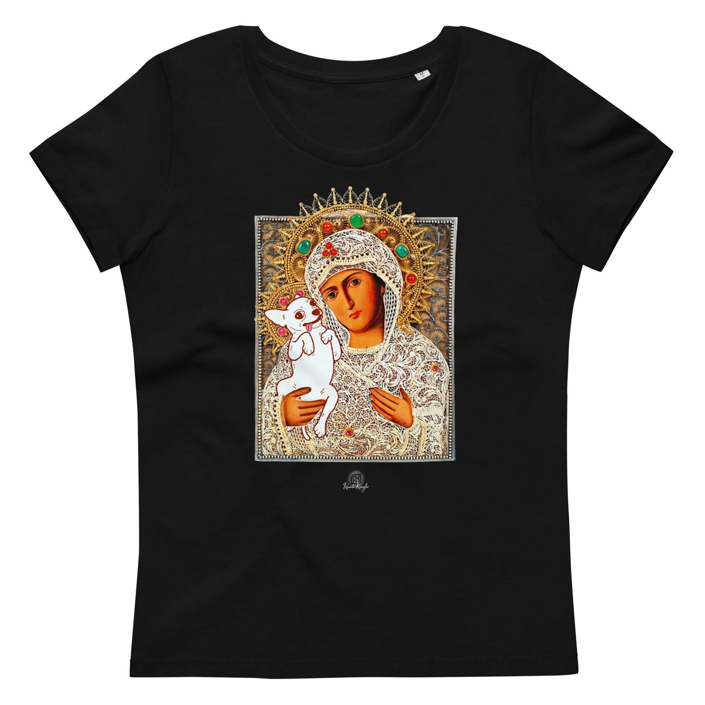 A Madonna and child icon with a difference: the Madonna holds her precious little chi baby. She's a chihuahua mama and her chi pup is the bestest little baby in the whole wide world. The print includes the thumb-print monogram of the artist, Renate Kriegler. This flattering fitted women's top is made of 100% pure organic cotton, making it eco-friendly. And it feels SO good on. A stunning gift for a doting chihuahua mum. Perfect for Mother's Day / Mothering Sunday.