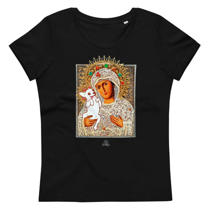 A Madonna and child icon with a difference: the Madonna holds her precious little chi baby. She's a chihuahua mama and her chi pup is the bestest little baby in the whole wide world. The print includes the thumb-print monogram of the artist, Renate Kriegler. This flattering fitted women's top is made of 100% pure organic cotton, making it eco-friendly. And it feels SO good on. A stunning gift for a doting chihuahua mum. Perfect for Mother's Day / Mothering Sunday.