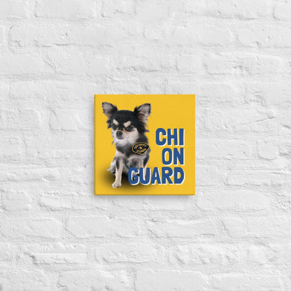 CHI ON GUARD - one of the famous Chimigos chihuahua memes. This is a vivid and fade resistant art print on a stretched canvas. A handsome longhaired chihuahua wears an official security badge and you better watch out because they are on guard. Looks can be deceiving. Beware of the chi! A funny and stylish gift idea for someone whose house is guarded by a cute but bossy little chi. Perfect for the new chihuahua parent or as a housewarming gift! Bright colours - yellow and blue.