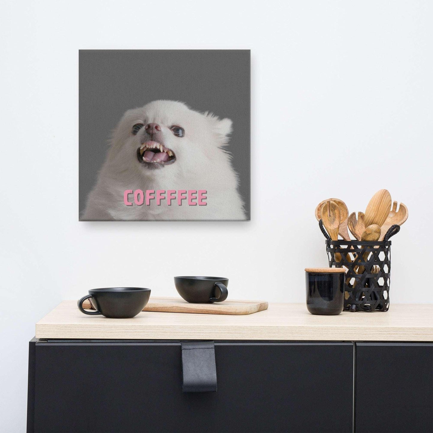 COFFFFEE - one of the famous Chimigos chihuahua memes.  This is a vivid and fade resistant art print on a stretched canvas. A cute and fluffy white chihuahua is feeling tetchy first thing in the morning and barking - snapping - their order for coffee. Better shut up and put the kettle on already! A funny and stylish gift idea for someone who loves chihuahuas and coffee. Or a warning to your family or guests that you're not a morning person, and to keep it cool in the morning kitchen.