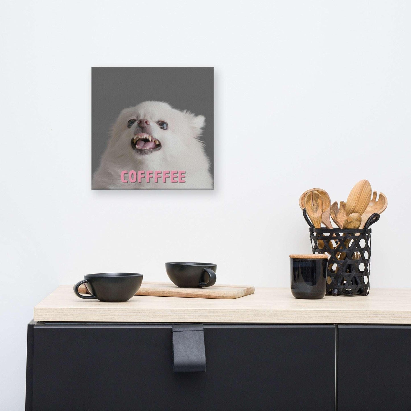 COFFFFEE - one of the famous Chimigos chihuahua memes.  This is a vivid and fade resistant art print on a stretched canvas. A cute and fluffy white chihuahua is feeling tetchy first thing in the morning and barking - snapping - their order for coffee. Better shut up and put the kettle on already! A funny and stylish gift idea for someone who loves chihuahuas and coffee. Or a warning to your family or guests that you're not a morning person, and to keep it cool in the morning kitchen.