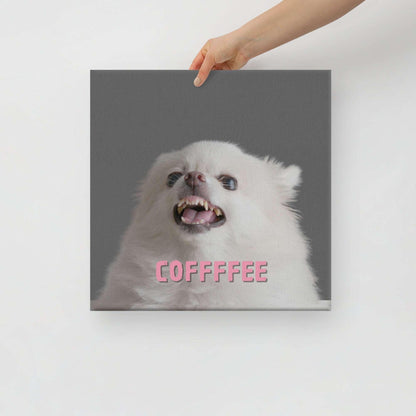 COFFFFEE - one of the famous Chimigos chihuahua memes. This is a vivid and fade resistant art print on a stretched canvas. A cute and fluffy white chihuahua is feeling tetchy first thing in the morning and barking - snapping - their order for coffee. Better shut up and put the kettle on already! A funny and stylish gift idea for someone who loves chihuahuas and coffee. Or a warning to your family or guests that you're not a morning person, and to keep it cool in the morning kitchen.