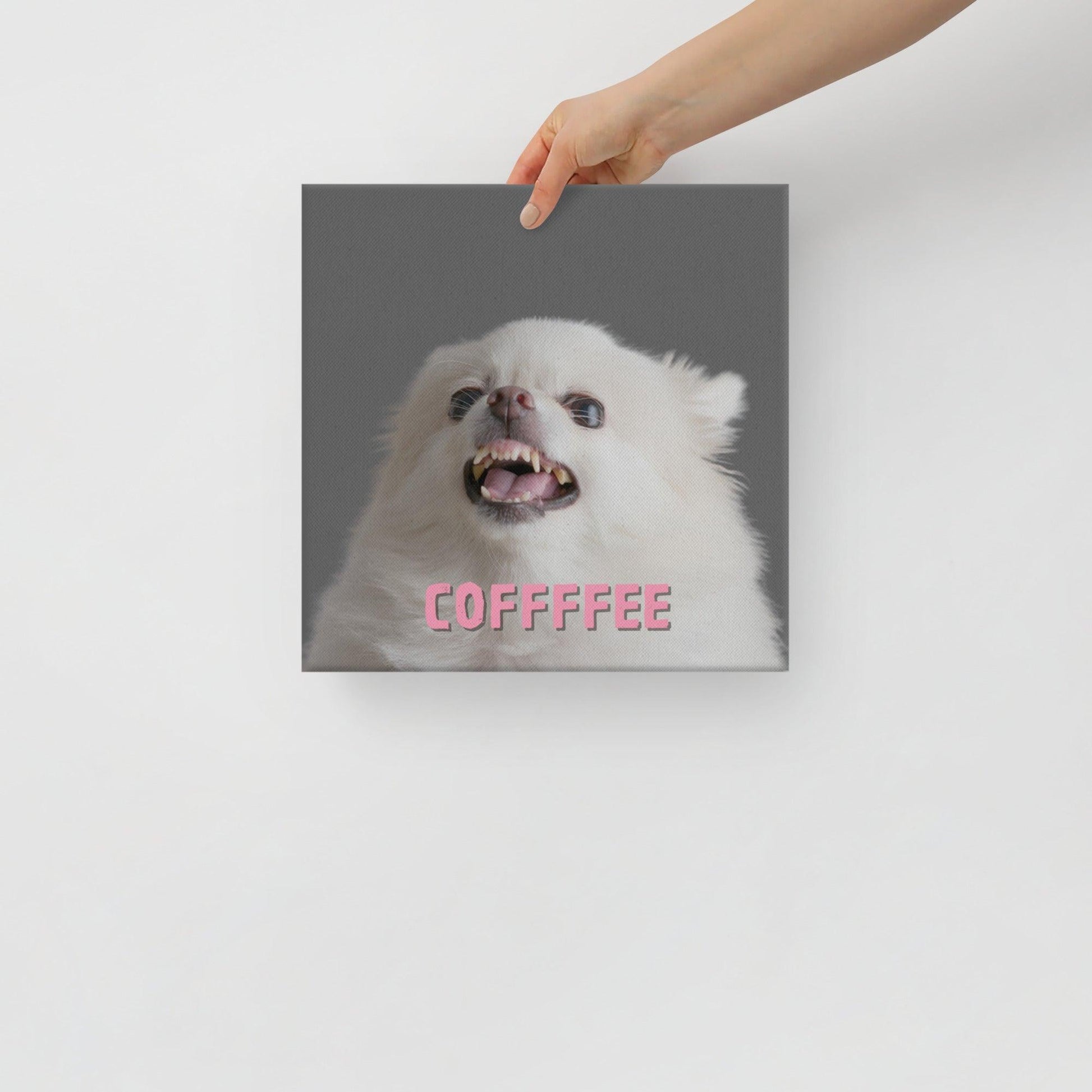 COFFFFEE - one of the famous Chimigos chihuahua memes. This is a vivid and fade resistant art print on a stretched canvas. A cute and fluffy white chihuahua is feeling tetchy first thing in the morning and barking - snapping - their order for coffee. Better shut up and put the kettle on already! A funny and stylish gift idea for someone who loves chihuahuas and coffee. Or a warning to your family or guests that you're not a morning person, and to keep it cool in the morning kitchen.