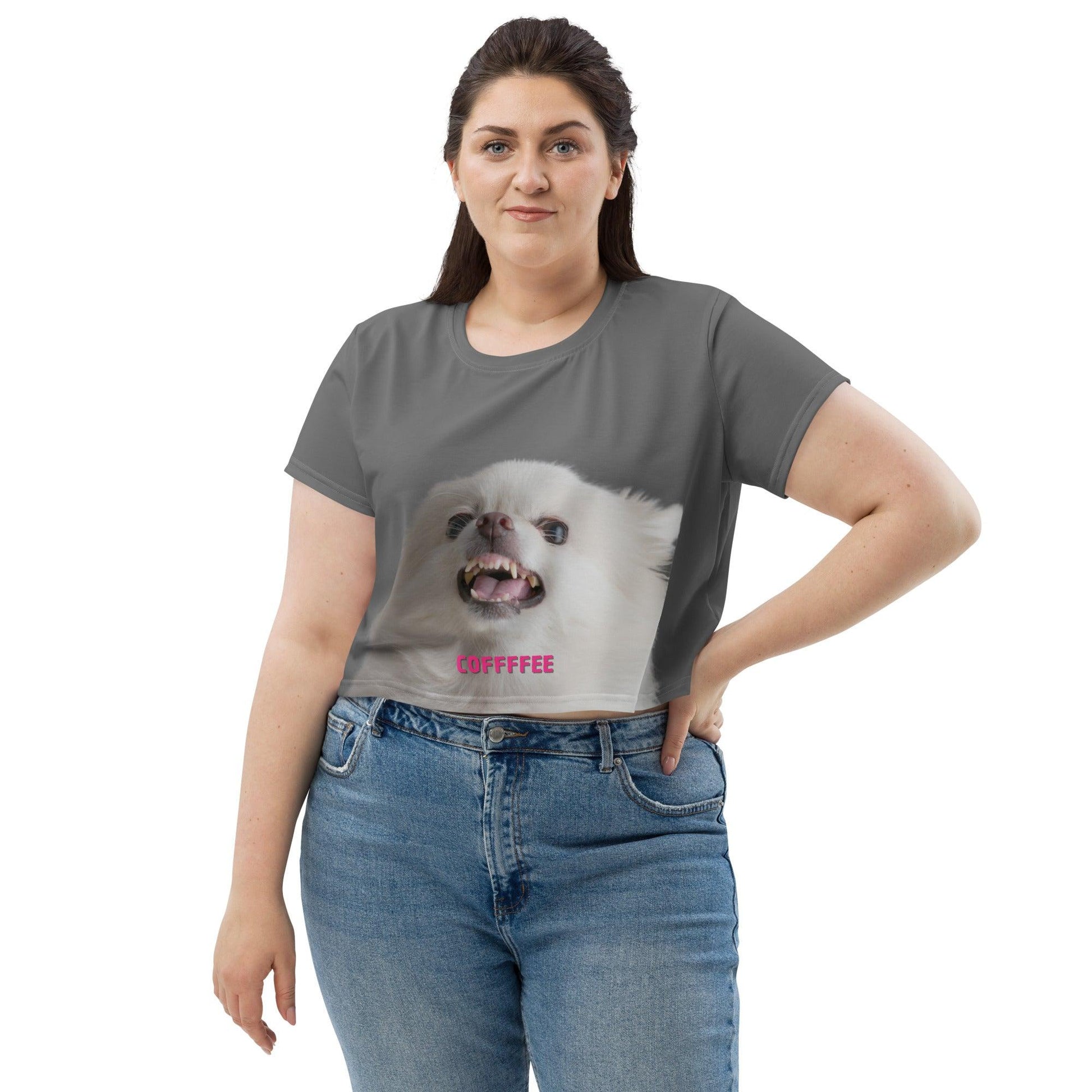 COFFFFEE - grey women's crop top.  A cute and fluffy white chihuahua is feeling tetchy first thing in the morning and barking - snapping - their order for coffee. (Top of the morning to you too, coffee diva.) Best shut up and put the kettle on already! This adorable chihuahua meme crop top is a funny and trendy gift idea for someone who loves chihuahuas and coffee.