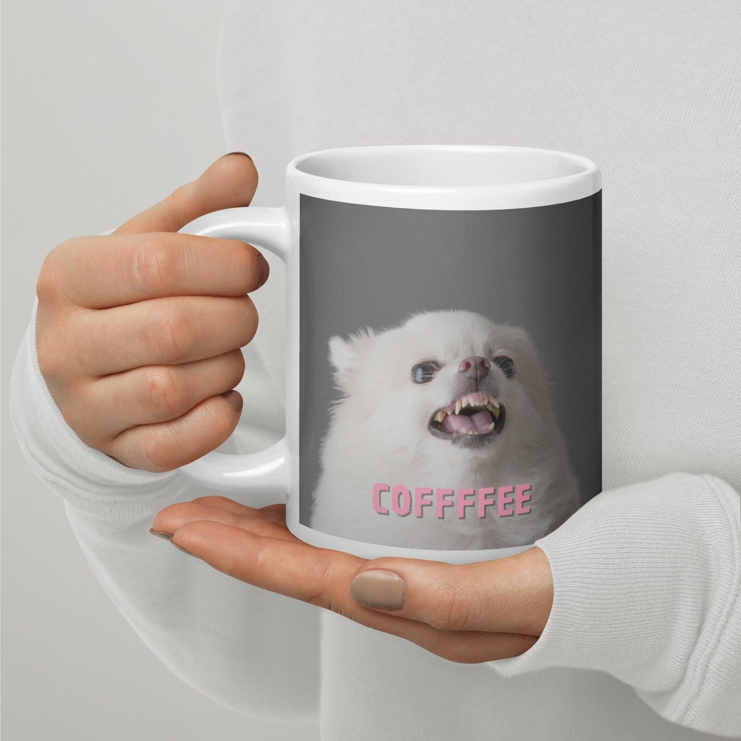 COFFFFEE - chihuahua meme coffee mug.  A cute and fluffy white chihuahua is feeling tetchy first thing in the morning and barking - snapping - their order for coffee. (Top of the morning to you too, coffee diva.) Best shut up and put the kettle on already! This adorable chihuahua meme mug makes a funny yet stylish gift idea for someone who loves chihuahuas and coffee. Or a warning to everyone that you're not a morning person.