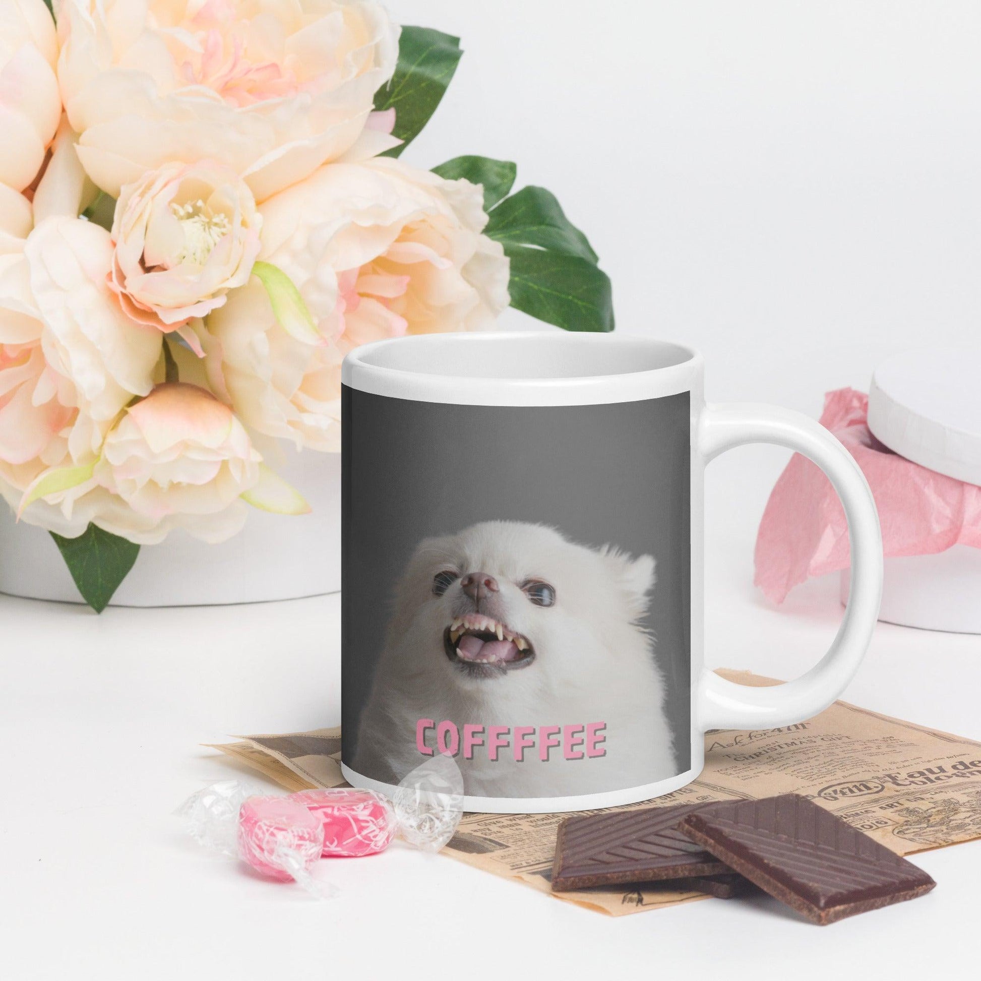 COFFFFEE - chihuahua meme coffee mug.  A cute and fluffy white chihuahua is feeling tetchy first thing in the morning and barking - snapping - their order for coffee. (Top of the morning to you too, coffee diva.) Best shut up and put the kettle on already! This adorable chihuahua meme mug makes a funny yet stylish gift idea for someone who loves chihuahuas and coffee. Or a warning to everyone that you're not a morning person.