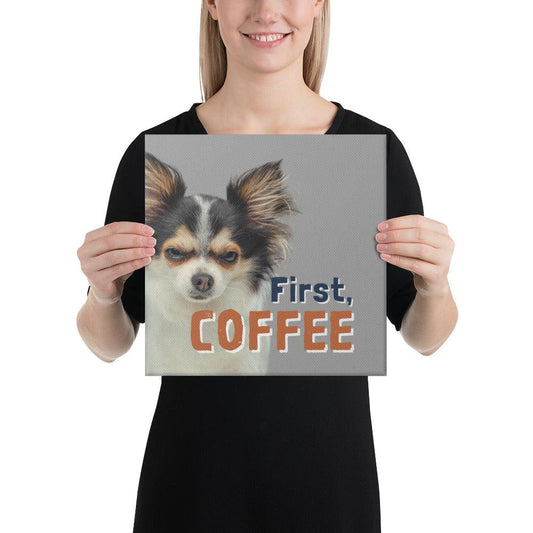 First, COFFEE - one of the famous Chimigos chihuahua memes.  This is a vivid and fade resistant art print on a stretched canvas. A scruffy long-haired chihuahua looks like he got out of bed on the wrong side. Nothing a strong cup of coffee - and a detangling brush - can't fix! It's just a case of bed head. A funny and stylish gift idea for someone who loves chihuahuas and coffee, or who just isn't a morning person.