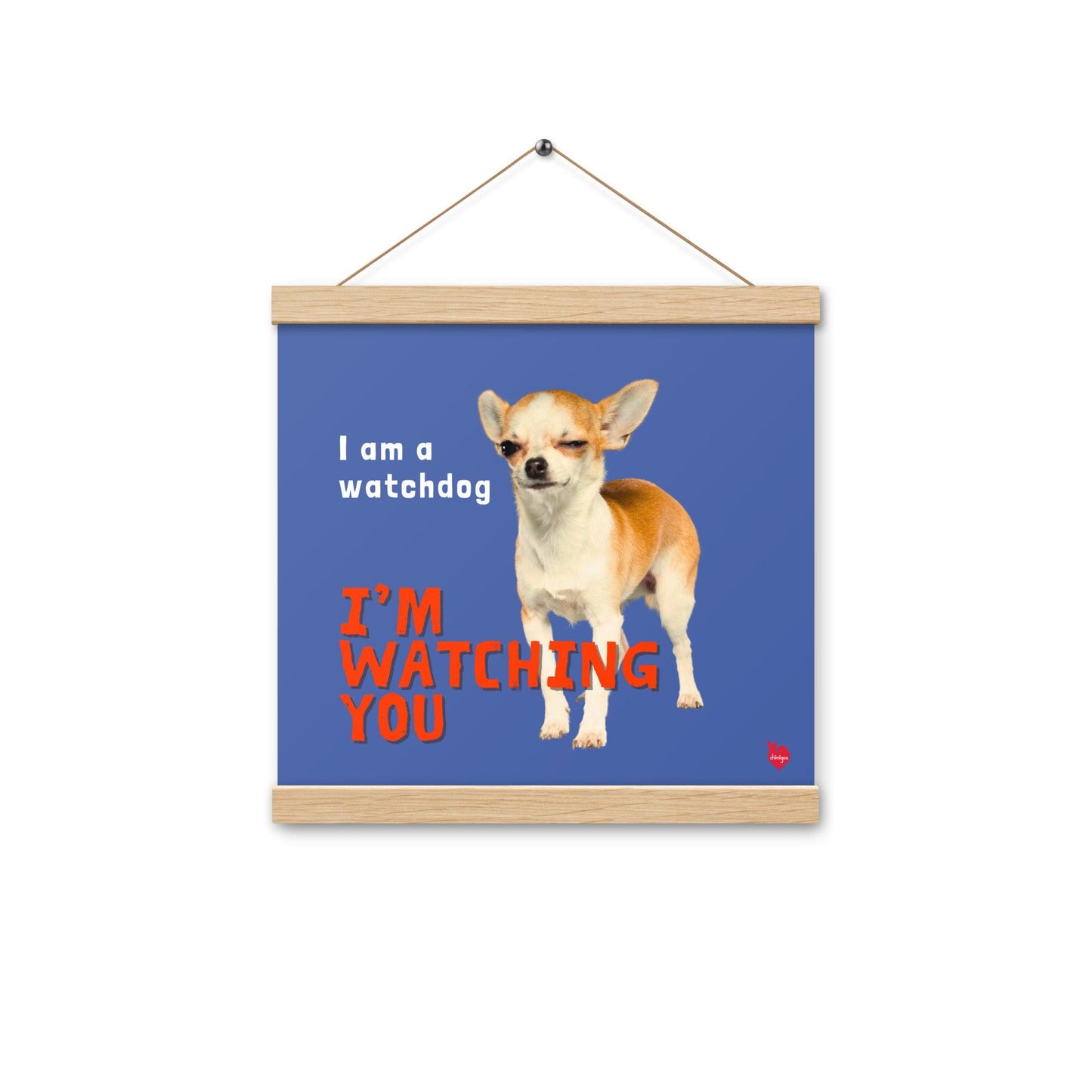 I am a watchdog; I'M WATCHING YOU - blue chihuahua meme poster with real wood hangers.  A cheeky gold, fawn and white shorthair chihuahua winks as they inform visitors that they will be watching their every move. A funny and stylish gift idea for someone whose house is presided over by a feisty and alert little chi. Perfect for the new chihuahua parent or as a housewarming gift!