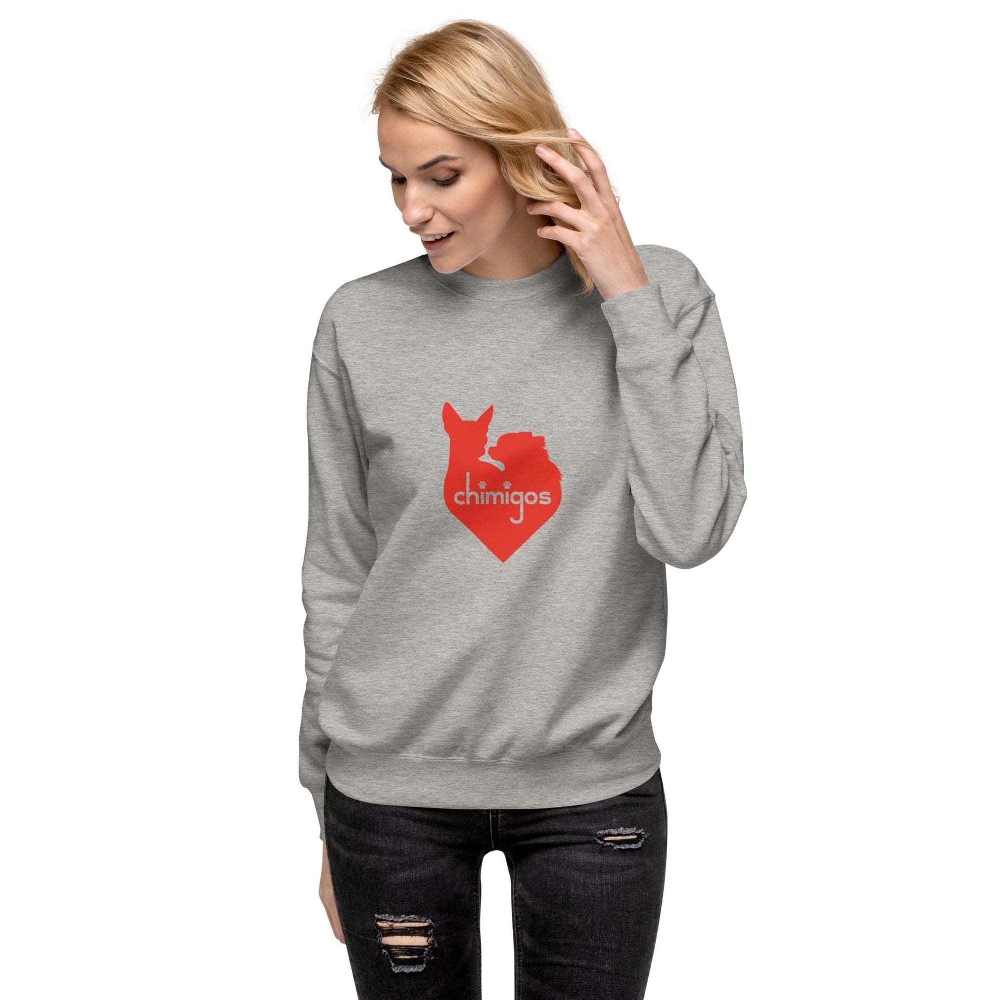 Chimigos chihuahua love heart logo sweatshirt. Red on black, navy or light grey. For women, men, teens, boys and girls. Chi + Amigos = Chimigos. For the love of chihuahuas. See more at chimigos.com