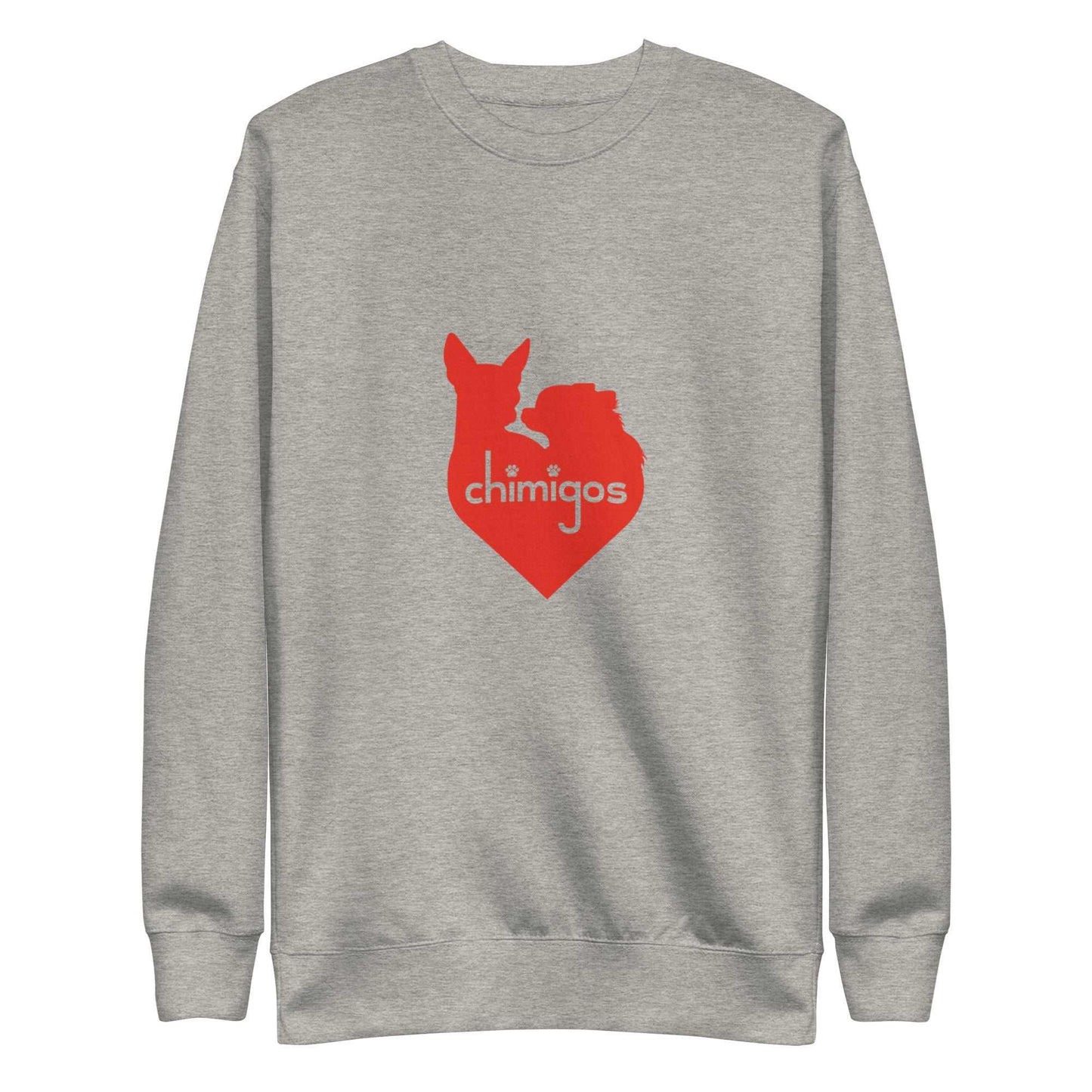 Chimigos chihuahua love heart logo sweatshirt. Red on black, navy or light grey. For women, men, teens, boys and girls. Chi + Amigos = Chimigos. For the love of chihuahuas. See more at chimigos.com