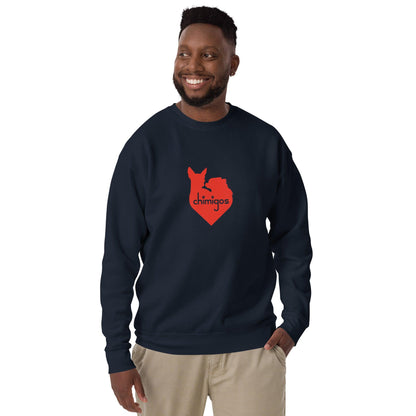 Chimigos chihuahua love heart logo sweatshirt. Red on black, navy or light grey. For women, men, teens, boys and girls. Chi + Amigos = Chimigos. For the love of chihuahuas. See more at chimigos.com
