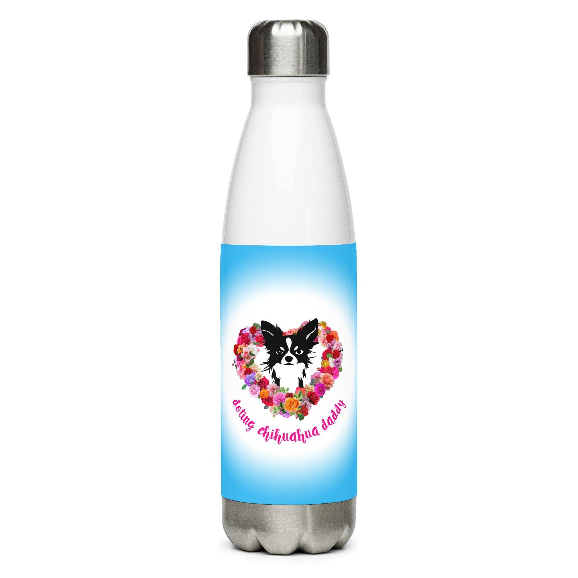 Doting Chihuahua Daddy 500ml double-walled stainless steel vacuum flask / water bottle with leak-proof cap. Keeps drinks hot or cold up to 6 hours. Real men love chihuahuas. Chihuahua daddies are sexy! Forget guns and roses; Chimigos gives you chihuahuas and roses. Divine. Adorable. Slay. SEXY! This chihuahua and roses bottle make the perfect Father's Day / birthday / Christmas gift for a doting chihuahua daddy. Design by Renate Kriegler for Chimigos.