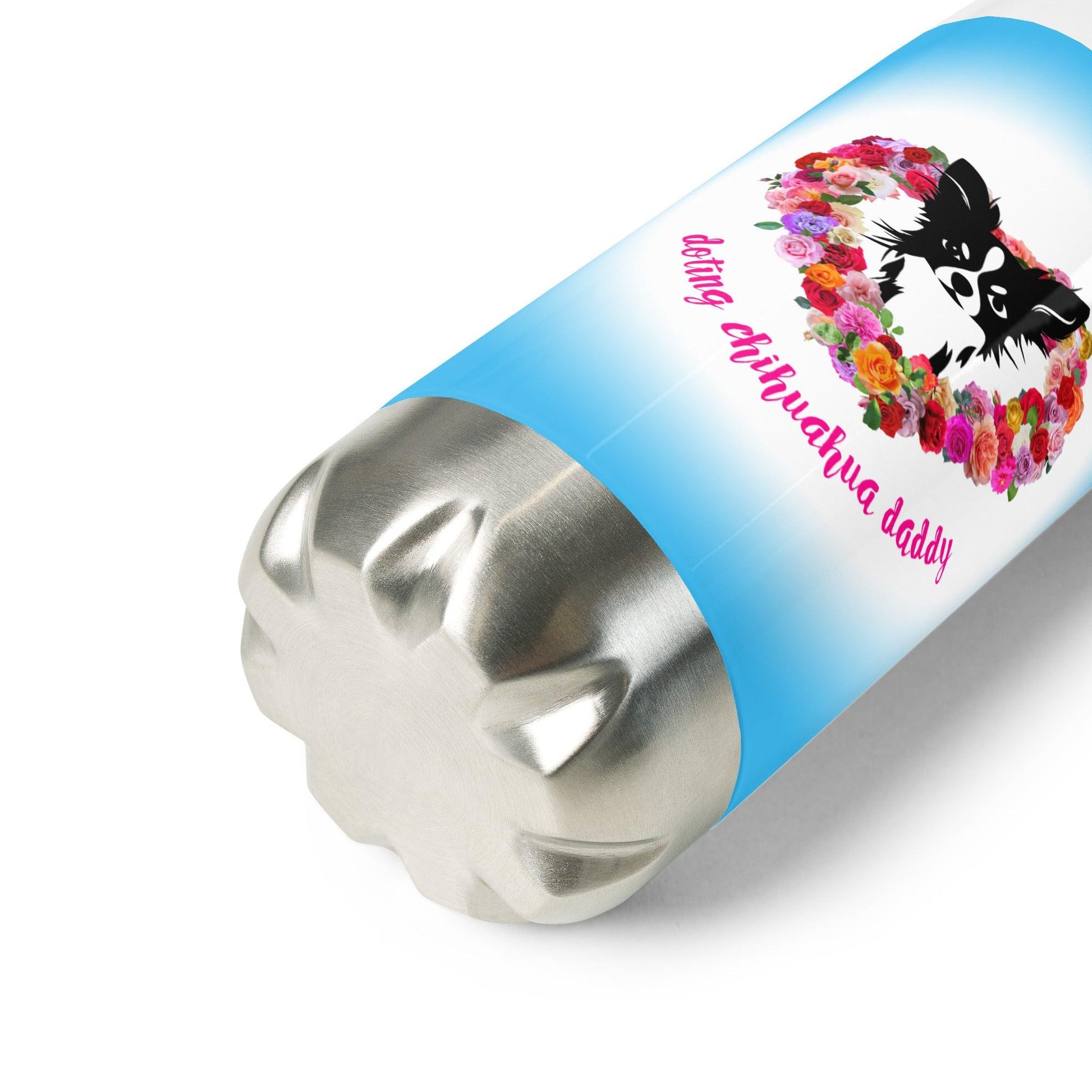 Doting Chihuahua Daddy 500ml double-walled stainless steel vacuum flask / water bottle with leak-proof cap. Keeps drinks hot or cold up to 6 hours. Real men love chihuahuas. Chihuahua daddies are sexy! Forget guns and roses; Chimigos gives you chihuahuas and roses. Divine. Adorable. Slay. SEXY! This chihuahua and roses bottle make the perfect Father's Day / birthday / Christmas gift for a doting chihuahua daddy. Design by Renate Kriegler for Chimigos.
