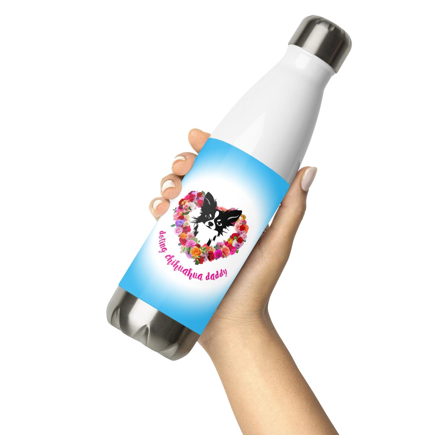 Doting Chihuahua Daddy 500ml double-walled stainless steel vacuum flask / water bottle with leak-proof cap. Keeps drinks hot or cold up to 6 hours. Real men love chihuahuas. Chihuahua daddies are sexy! Forget guns and roses; Chimigos gives you chihuahuas and roses. Divine. Adorable. Slay. SEXY! This chihuahua and roses bottle make the perfect Father's Day / birthday / Christmas gift for a doting chihuahua daddy. Design by Renate Kriegler for Chimigos.