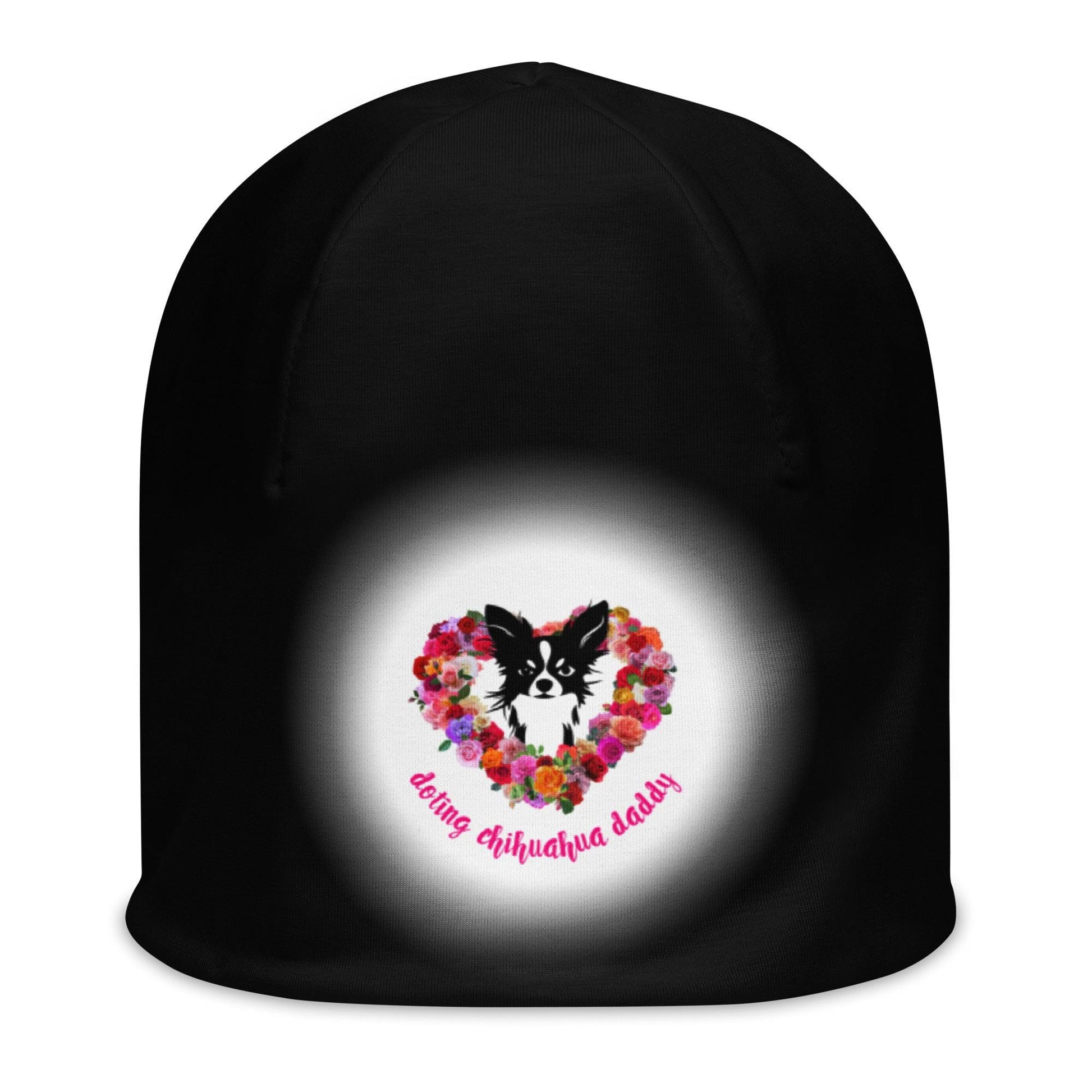 Real men love chihuahuas. Chihuahua daddies are sexy! Forget guns and roses; Chimigos gives you a chihuahua and roses. Divine. Adorable. Slay. SEXY! This soft and comfy chihuahua and roses black beanie makes the perfect Father's Day / birthday / Christmas gift for a doting chihuahua daddy. Design by Renate Kriegler for Chimigos.
