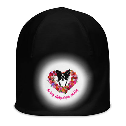 Real men love chihuahuas. Chihuahua daddies are sexy! Forget guns and roses; Chimigos gives you a chihuahua and roses. Divine. Adorable. Slay. SEXY! This soft and comfy chihuahua and roses black beanie makes the perfect Father's Day / birthday / Christmas gift for a doting chihuahua daddy. Design by Renate Kriegler for Chimigos.