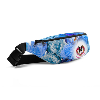 What's cuter than a handsome little chihuahua? Your guy doting over their chi baby! Real men love chihuahuas. Chihuahua daddies are sexy! Forget guns and roses; Chimigos gives you a chihuahua and roses. This funky fanny pack is covered in a ramble of blue roses. The front features a black and white longhaired chihuahua surrounded by a love heart of roses and the words "doting chihuahua daddy". A gorgeous Father's Day / birthday / Christmas gift for a chihuahua dad. Design by Renate Kriegler for Chimigos.