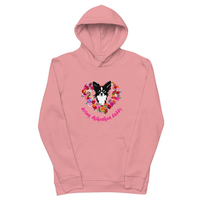 Real men love chihuahuas. Chihuahua daddies are sexy! Forget guns and roses; Chimigos gives you chihuahuas and roses. Divine. Adorable. Slay. SEXY! This soft and comfy chihuahua and roses eco hoodie makes the perfect Father's Day / birthday / Christmas gift for a doting chihuahua daddy. Design by Renate Kriegler for Chimigos.