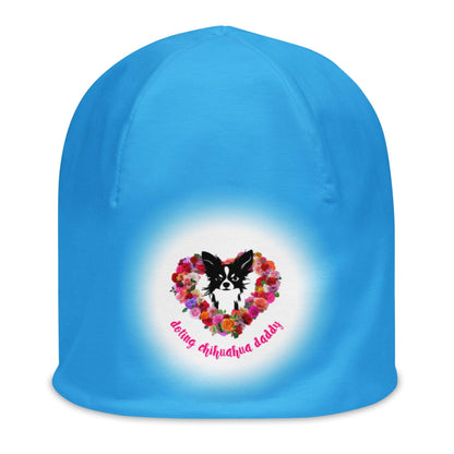 Real men love chihuahuas. Chihuahua daddies are sexy! Forget guns and roses; Chimigos gives you a chihuahua and roses. Divine. Adorable. Slay. SEXY! This soft and comfy chihuahua and roses love heart sky blue beanie makes the perfect Father's Day / birthday / Christmas gift for a doting chihuahua daddy. Renate Kriegler for Chimigos.