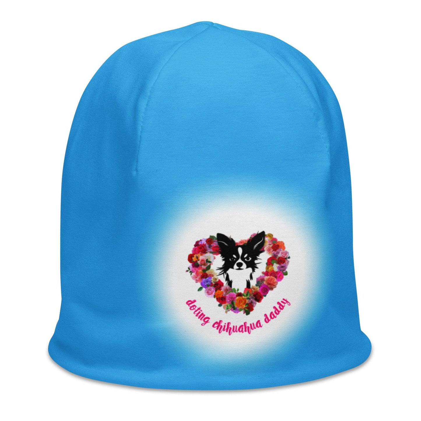 Real men love chihuahuas. Chihuahua daddies are sexy! Forget guns and roses; Chimigos gives you a chihuahua and roses. Divine. Adorable. Slay. SEXY! This soft and comfy chihuahua and roses love heart sky blue beanie makes the perfect Father's Day / birthday / Christmas gift for a doting chihuahua daddy. Renate Kriegler for Chimigos.