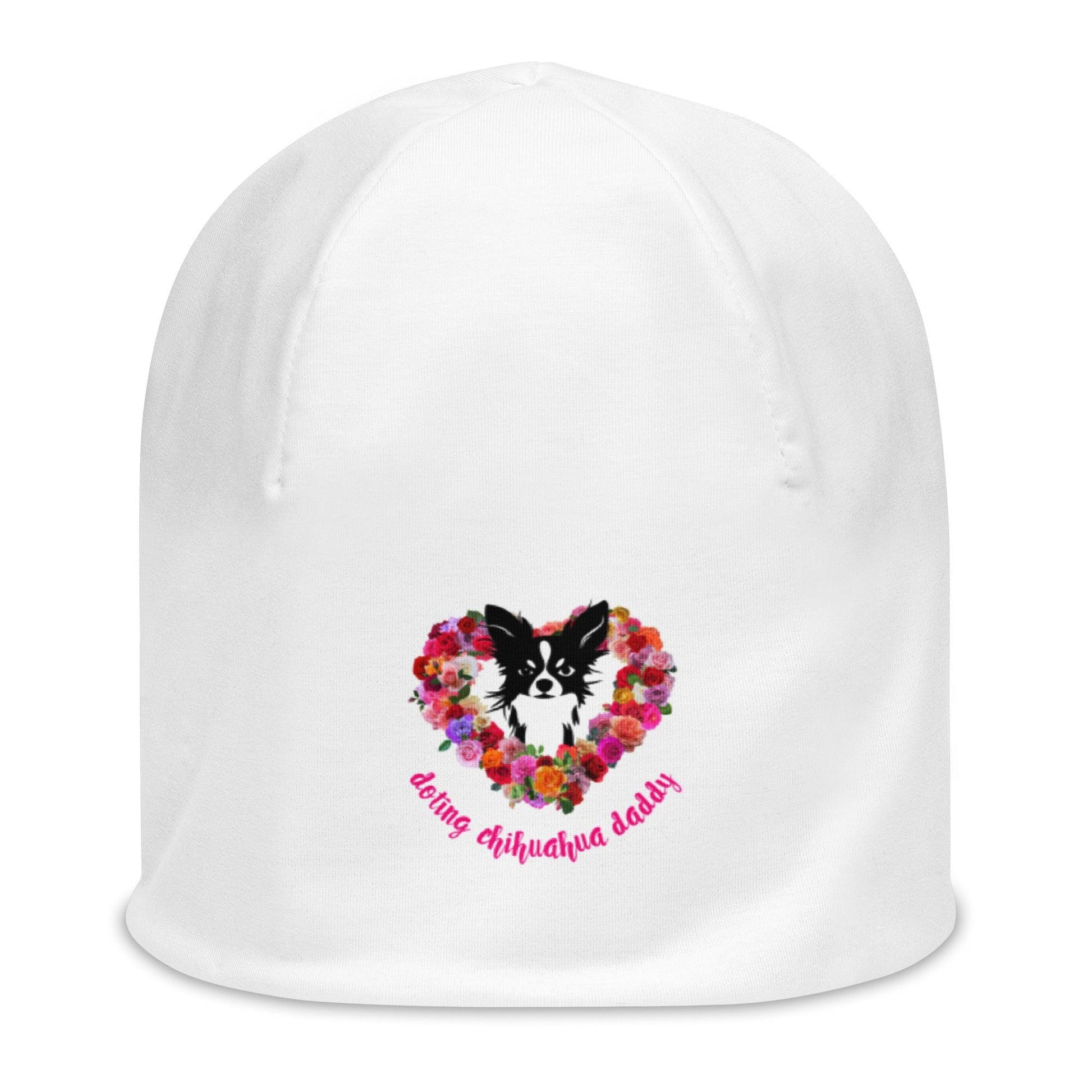 Real men love chihuahuas. Chihuahua daddies are sexy! Forget guns and roses; Chimigos gives you a chihuahua and roses. Divine. Adorable. Slay. SEXY! This soft and comfy chihuahua and roses love heart white beanie makes the perfect Father's Day / birthday / Christmas gift for a doting chihuahua daddy. Design by Renate Kriegler for Chimigos.