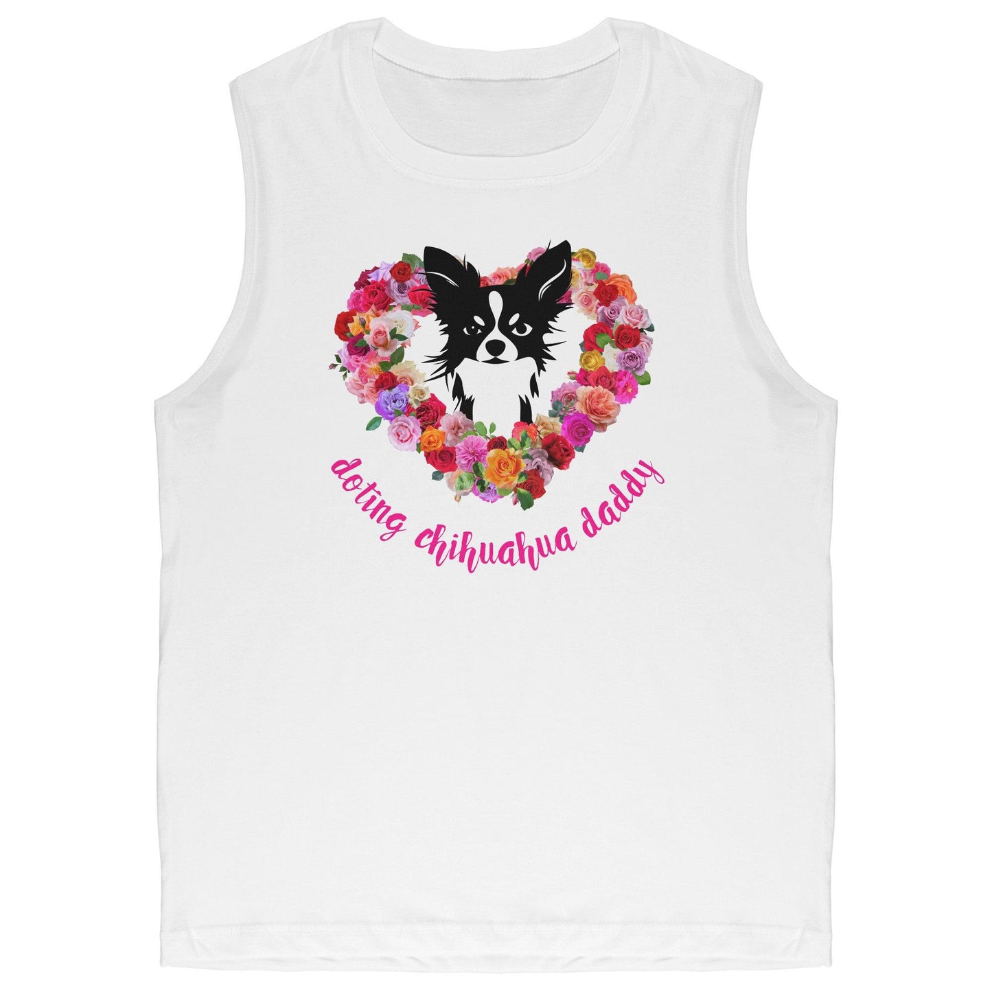 What is cuter than a handsome little chihuahua? Your guy doting over their chi baby of course.  Real men love chihuahuas. Chihuahua daddies are sexy!  Forget guns and roses; Chimigos gives you a chihuahua and roses. Divine. Adorable. Slay. SEXY!  This neat 100% cotton muscle tank top makes the perfect Father's Day / birthday / Christmas gift for a doting chihuahua daddy.