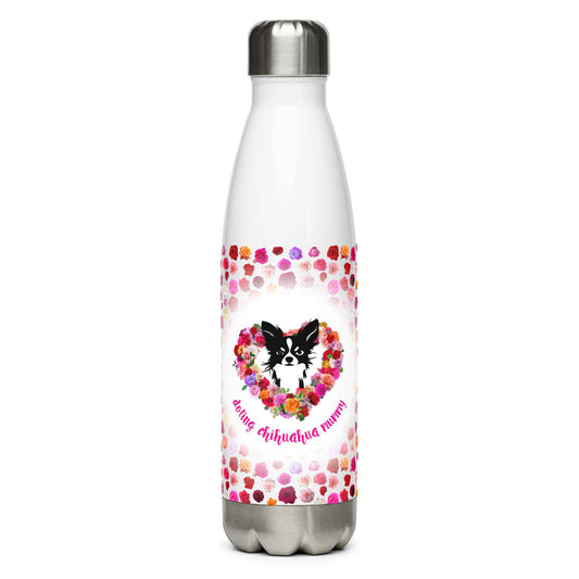 Doting Chihuahua Mummy 500ml double-walled stainless steel vacuum flask / water bottle with leak-proof cap. Keeps drinks hot or cold up to 6 hours. There's something so special about the bond between a girl and her chi baby. These cute little dogs charm their way deep into their mum's heart. This adorable chihuahua and roses flask makes a cute Mother's Day / birthday / Christmas gift for a doting chihuahua mummy. "Aw" guaranteed! Design by Renate Kriegler for Chimigos.