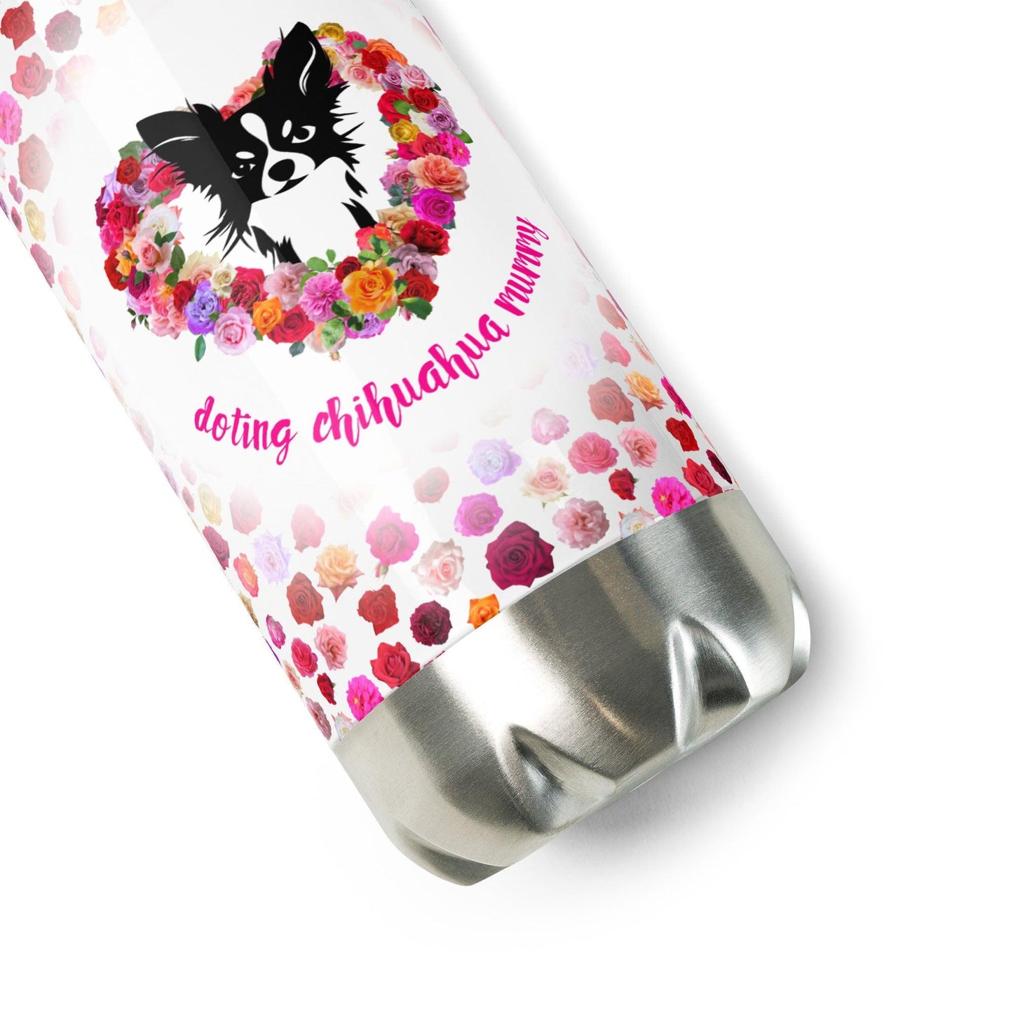Doting Chihuahua Mummy 500ml double-walled stainless steel vacuum flask / water bottle with leak-proof cap. Keeps drinks hot or cold up to 6 hours. There's something so special about the bond between a girl and her chi baby. These cute little dogs charm their way deep into their mum's heart. This adorable chihuahua and roses flask makes a cute Mother's Day / birthday / Christmas gift for a doting chihuahua mummy. "Aw" guaranteed! Design by Renate Kriegler for Chimigos.