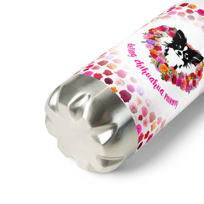 Doting Chihuahua Mummy 500ml double-walled stainless steel vacuum flask / water bottle with leak-proof cap. Keeps drinks hot or cold up to 6 hours. There's something so special about the bond between a girl and her chi baby. These cute little dogs charm their way deep into their mum's heart. This adorable chihuahua and roses flask makes a cute Mother's Day / birthday / Christmas gift for a doting chihuahua mummy. "Aw" guaranteed! Design by Renate Kriegler for Chimigos.