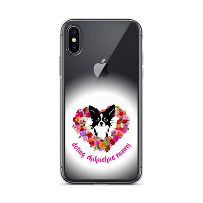 There's something so special about the bond between a girl and her chi baby. These cute little dogs charm their way deep into their mum's heart. Quality iPhone® case with solid back, flexible sides and precisely aligned port openings. The design features a black and white longhaired chihuahua surrounded by a lush heart-shaped rose garland, and the words "doting chihuahua mummy" - an adorable Mother's Day / birthday / Christmas gift for a doting chihuahua mummy. Design by Renate Kriegler for Chimigos.
