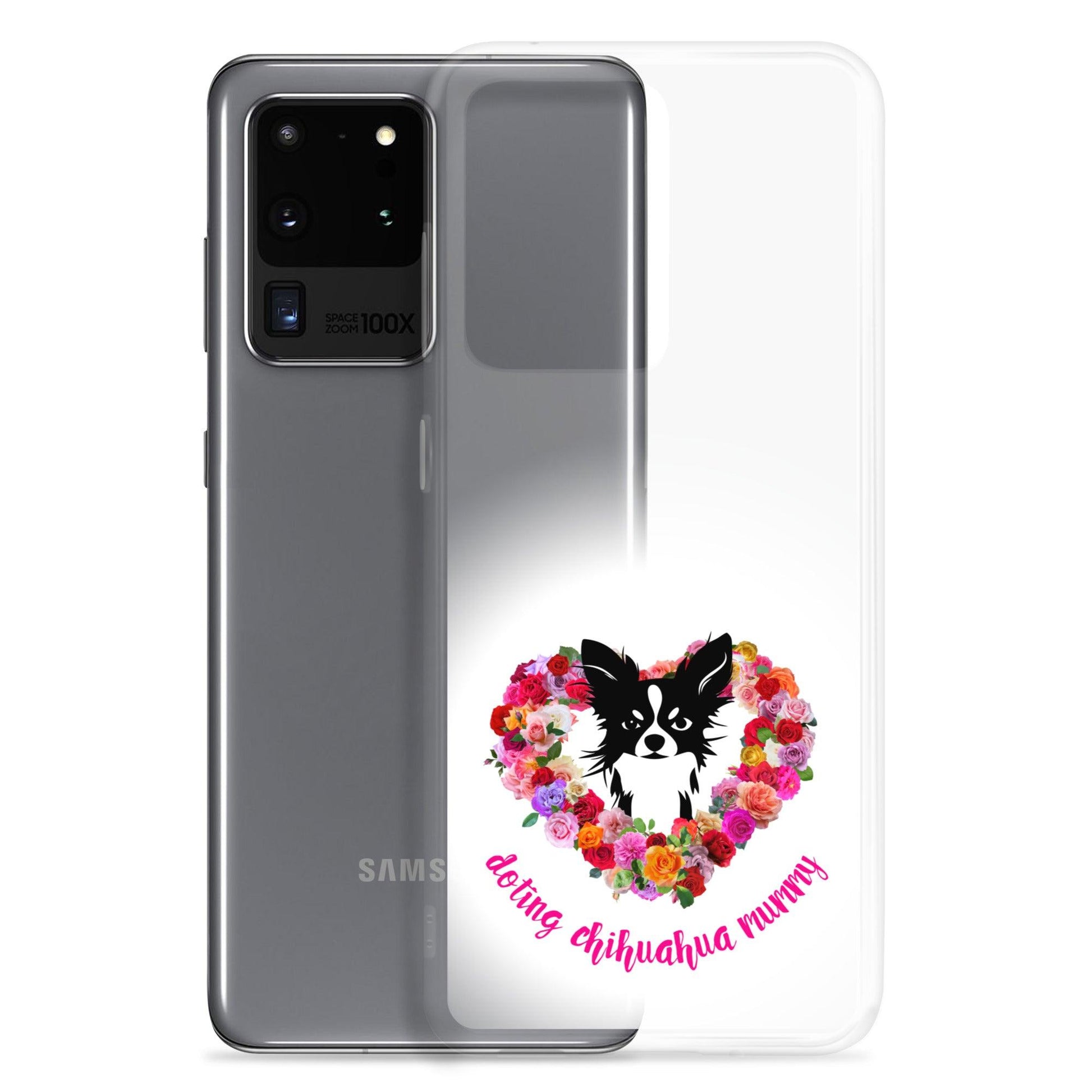 There's something so special about the bond between a girl and her chi baby. These cute little dogs charm their way deep into their mum's heart. Quality iPhone® case with solid back, flexible sides and precisely aligned port openings. The design features a black and white longhaired chihuahua surrounded by a lush heart-shaped rose garland, and the words "doting chihuahua mummy" - an adorable Mother's Day / birthday / Christmas gift for a doting chihuahua mummy. Design by Renate Kriegler for Chimigos.