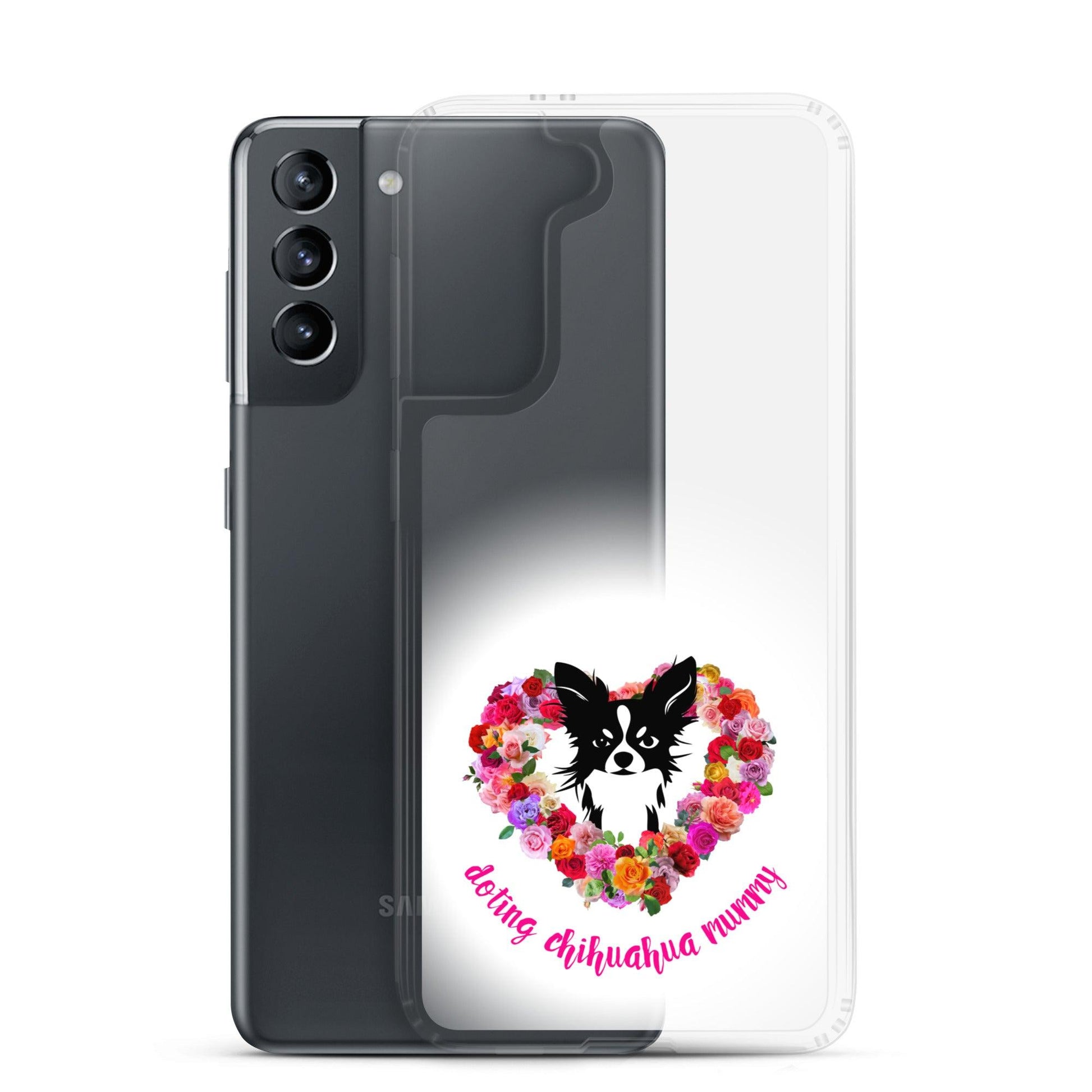 There's something so special about the bond between a girl and her chi baby. These cute little dogs charm their way deep into their mum's heart. Quality iPhone® case with solid back, flexible sides and precisely aligned port openings. The design features a black and white longhaired chihuahua surrounded by a lush heart-shaped rose garland, and the words "doting chihuahua mummy" - an adorable Mother's Day / birthday / Christmas gift for a doting chihuahua mummy. Design by Renate Kriegler for Chimigos.