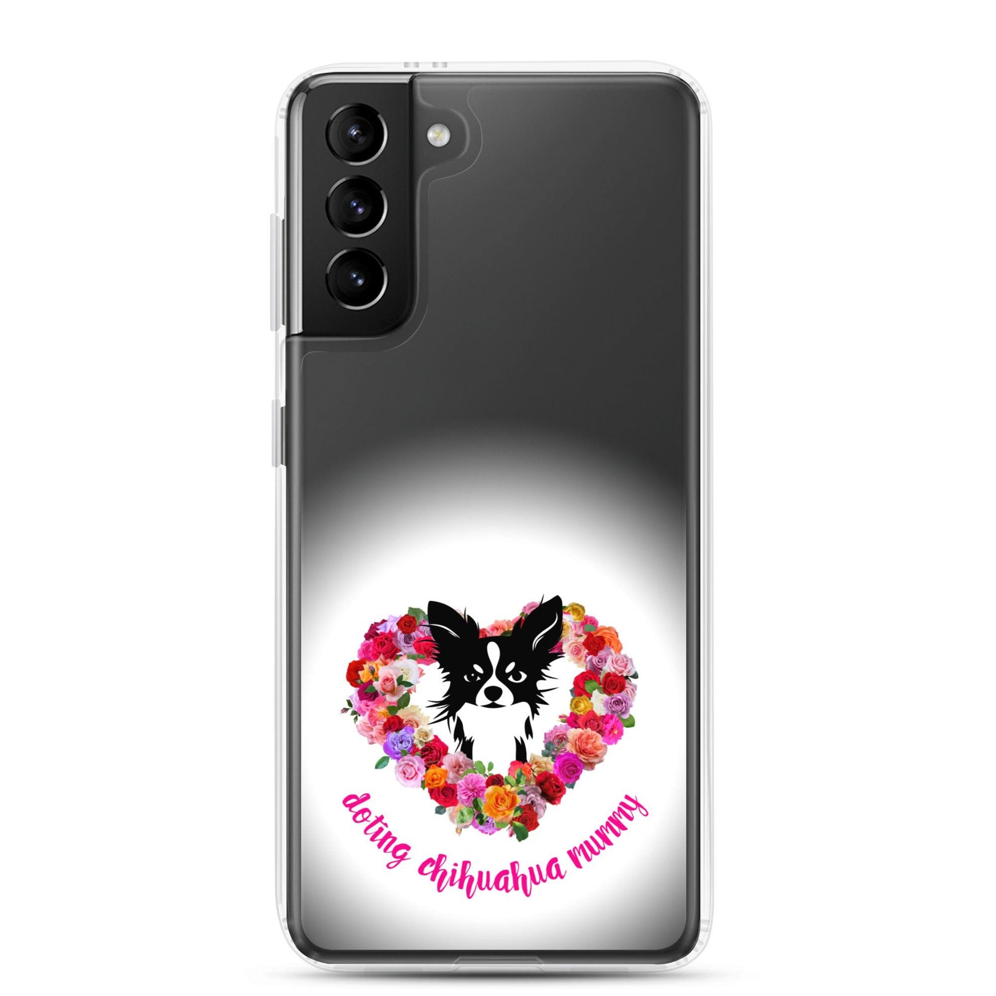 There's something so special about the bond between a girl and her chi baby. These cute little dogs charm their way deep into their mum's heart. Quality iPhone® case with solid back, flexible sides and precisely aligned port openings. The design features a black and white longhaired chihuahua surrounded by a lush heart-shaped rose garland, and the words "doting chihuahua mummy" - an adorable Mother's Day / birthday / Christmas gift for a doting chihuahua mummy. Design by Renate Kriegler for Chimigos.