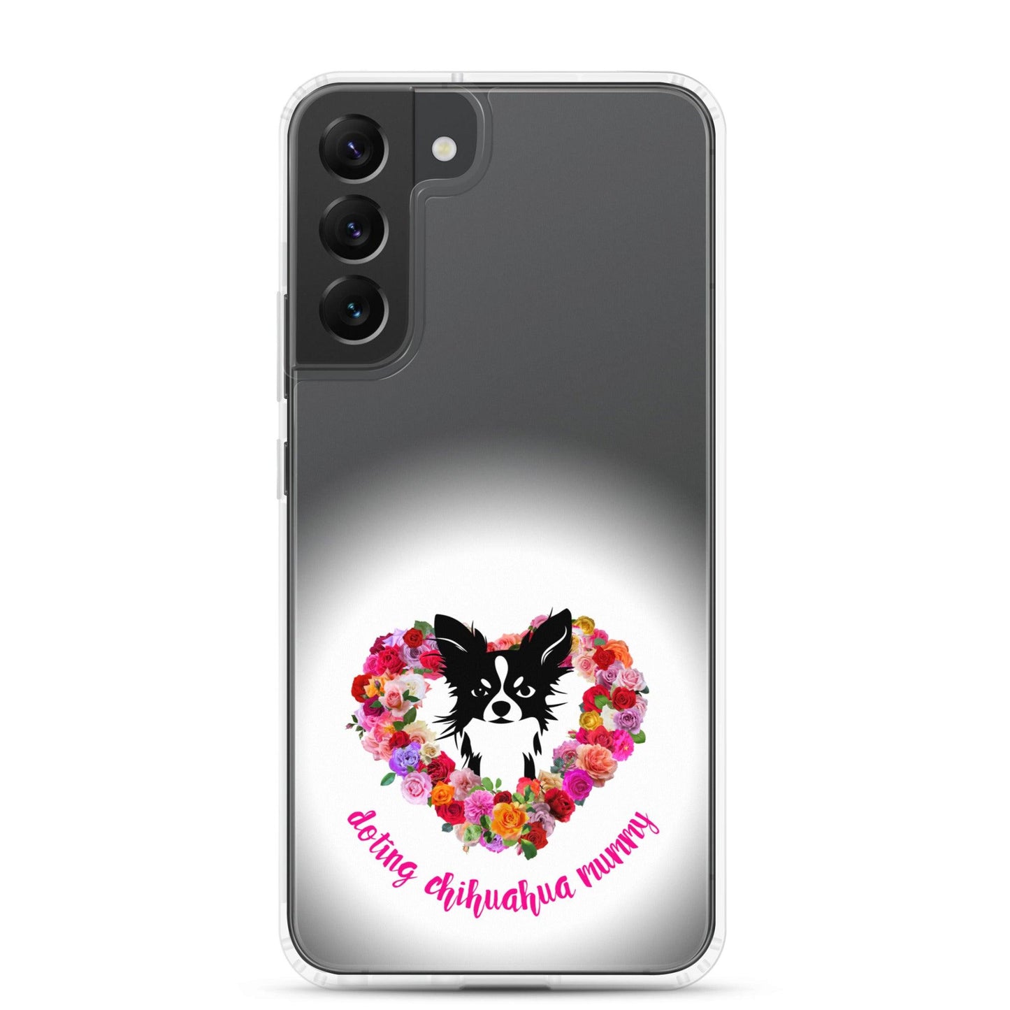 There's something so special about the bond between a girl and her chi baby. These cute little dogs charm their way deep into their mum's heart. Quality iPhone® case with solid back, flexible sides and precisely aligned port openings. The design features a black and white longhaired chihuahua surrounded by a lush heart-shaped rose garland, and the words "doting chihuahua mummy" - an adorable Mother's Day / birthday / Christmas gift for a doting chihuahua mummy. Design by Renate Kriegler for Chimigos.