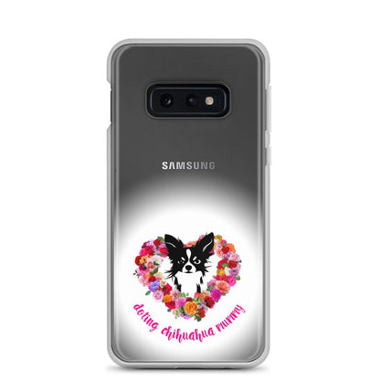 There's something so special about the bond between a girl and her chi baby. These cute little dogs charm their way deep into their mum's heart. Quality iPhone® case with solid back, flexible sides and precisely aligned port openings. The design features a black and white longhaired chihuahua surrounded by a lush heart-shaped rose garland, and the words "doting chihuahua mummy" - an adorable Mother's Day / birthday / Christmas gift for a doting chihuahua mummy. Design by Renate Kriegler for Chimigos.