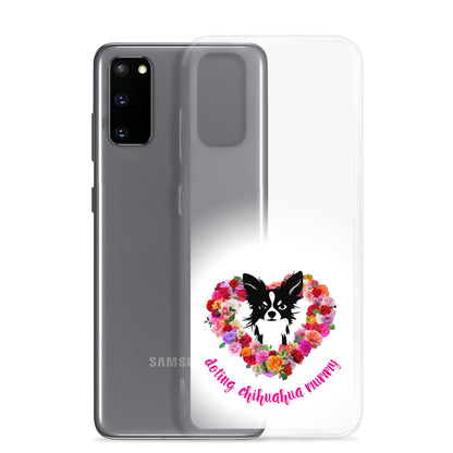 There's something so special about the bond between a girl and her chi baby. These cute little dogs charm their way deep into their mum's heart. Quality iPhone® case with solid back, flexible sides and precisely aligned port openings. The design features a black and white longhaired chihuahua surrounded by a lush heart-shaped rose garland, and the words "doting chihuahua mummy" - an adorable Mother's Day / birthday / Christmas gift for a doting chihuahua mummy. Design by Renate Kriegler for Chimigos.