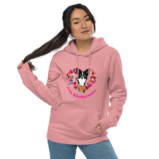 Chihuahua mum eco hoodie available in pink, white and desert. There's something so special about the bond between a girl and her chi baby. These cute little dogs charm their way deep into their mum's heart. This soft and comfy chihuahua and roses eco hoodie makes a divine Mother's Day / birthday / Christmas gift for a doting chihuahua mummy. "Aw" guaranteed! Design by Renate Kriegler for Chimigos.