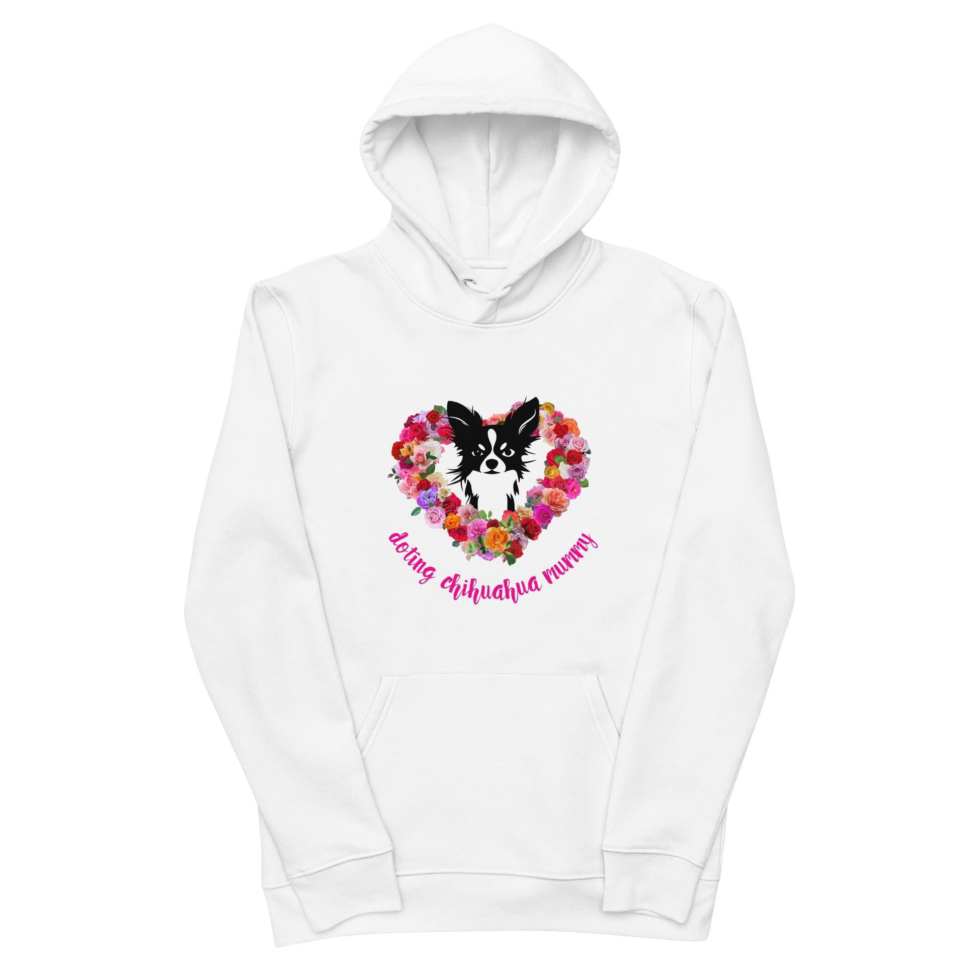 Chihuahua mum eco hoodie available in pink, white and desert. There's something so special about the bond between a girl and her chi baby. These cute little dogs charm their way deep into their mum's heart. This soft and comfy chihuahua and roses eco hoodie makes a divine Mother's Day / birthday / Christmas gift for a doting chihuahua mummy. "Aw" guaranteed! Design by Renate Kriegler for Chimigos.