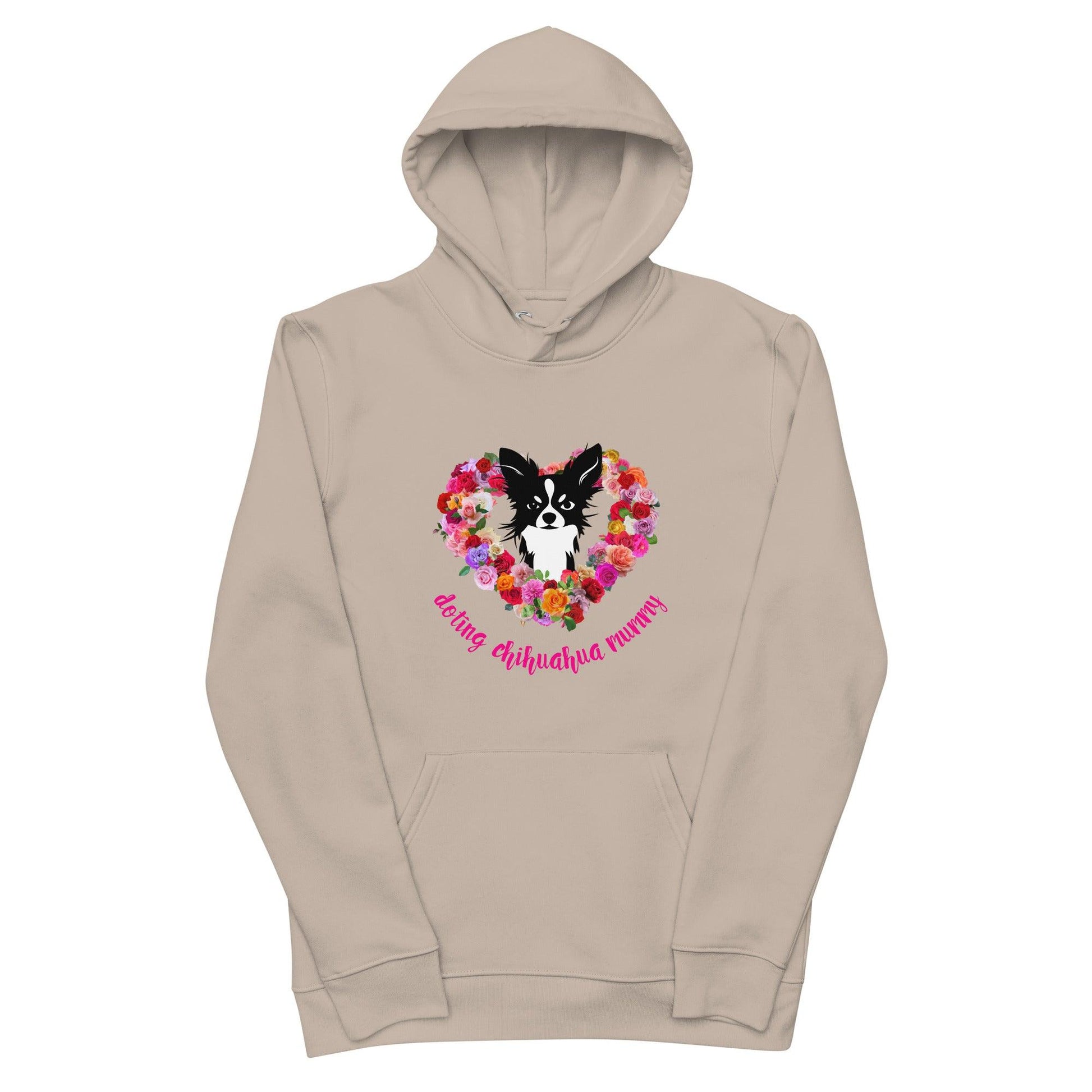 Chihuahua mum eco hoodie available in pink, white and desert. There's something so special about the bond between a girl and her chi baby. These cute little dogs charm their way deep into their mum's heart. This soft and comfy chihuahua and roses eco hoodie makes a divine Mother's Day / birthday / Christmas gift for a doting chihuahua mummy. "Aw" guaranteed! Design by Renate Kriegler for Chimigos.