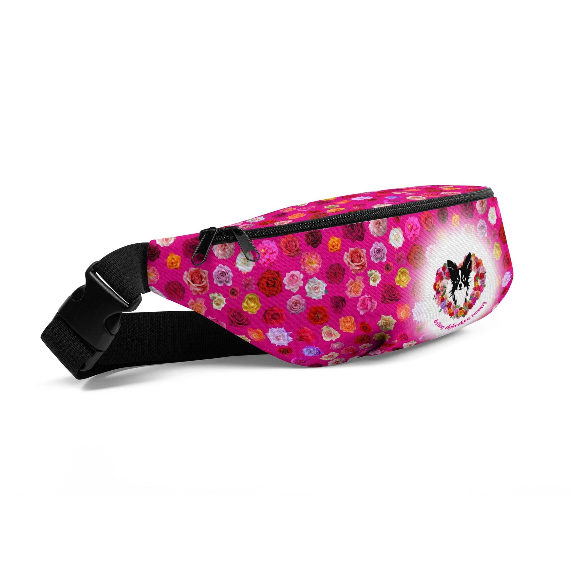 There's something so special about the bond between a girl and her chi baby. Being such ridiculously cute little dogs, chihuahuas charm their way deep into their mum's heart. This funky fanny pack is covered in ditsy roses. The front features a black and white longhaired chihuahua surrounded by a love heart of roses and the words "doting chihuahua mummy". An adorable Mother's Day / birthday / Christmas gift for a doting chihuahua mum. "Aw" guaranteed! Design by Renate Kriegler for Chimigos.