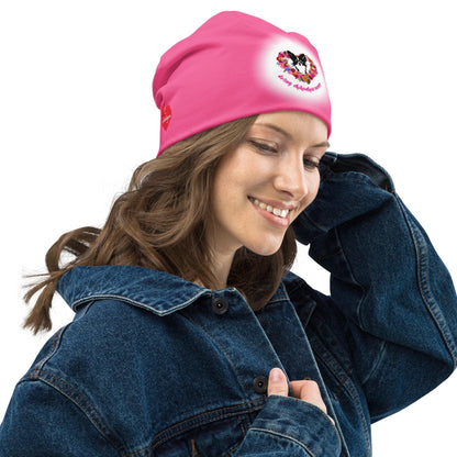 Pink chihuahua mum beanie. There's something so special about the bond between a girl and her chi baby. These cute little dogs charm their way deep into their mum's heart. This soft and comfy chihuahua and roses beanie makes a divine Mother's Day / birthday / Christmas gift for a doting chihuahua mummy. "Aw" guaranteed! Design by Renate Kriegler for Chimigos.