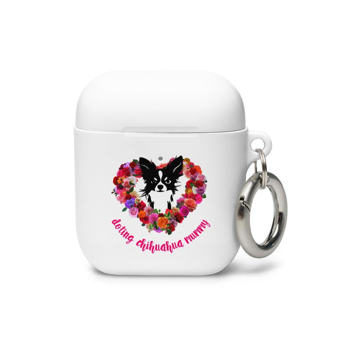 This adorable AirPods® / AirPods® Pro case features a black and white longhaired chihuahua surrounded by a heart-shaped rose garland, and the words "doting chihuahua mummy" - the perfect Mother's Day / birthday / Christmas gift for a chihuahua mum. "Aw" guaranteed! Robust rubber case made from impact-absorbing TPU to protect your earbuds. Works with both wireless and regular AirPod chargers. Includes round metal carabiner to attach to your bag, etc. Pink or White. Design by Renate Kriegler for Chimigos.