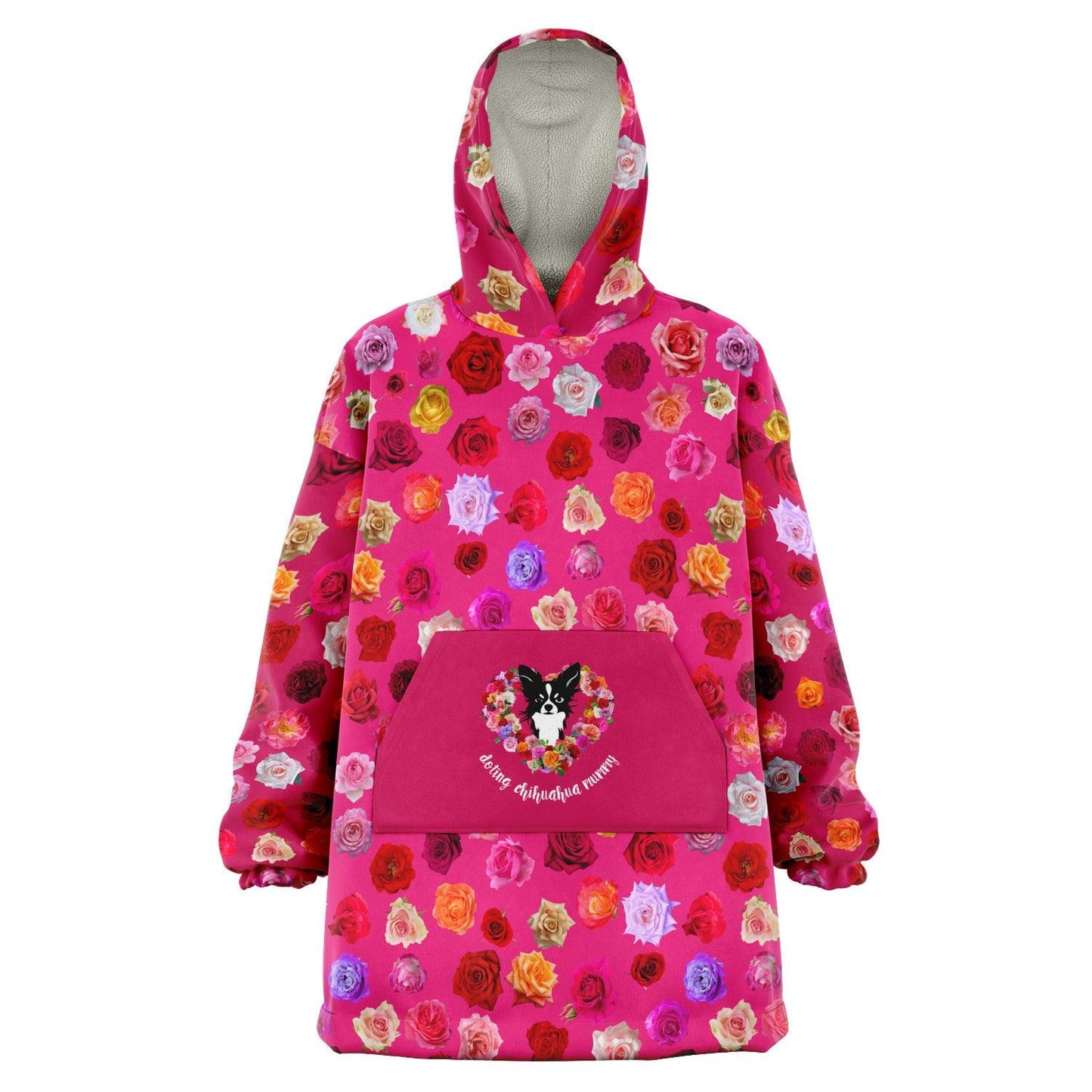 Doting Chihuahua Mummy - Roses Pink Snug Hoodie for Women. One size fits all wearable cosy blanket. Handwarmer front pouch pocket. Ultra soft and warm microfiber fleece lining. Design by Renate Kriegler for Chimigos.