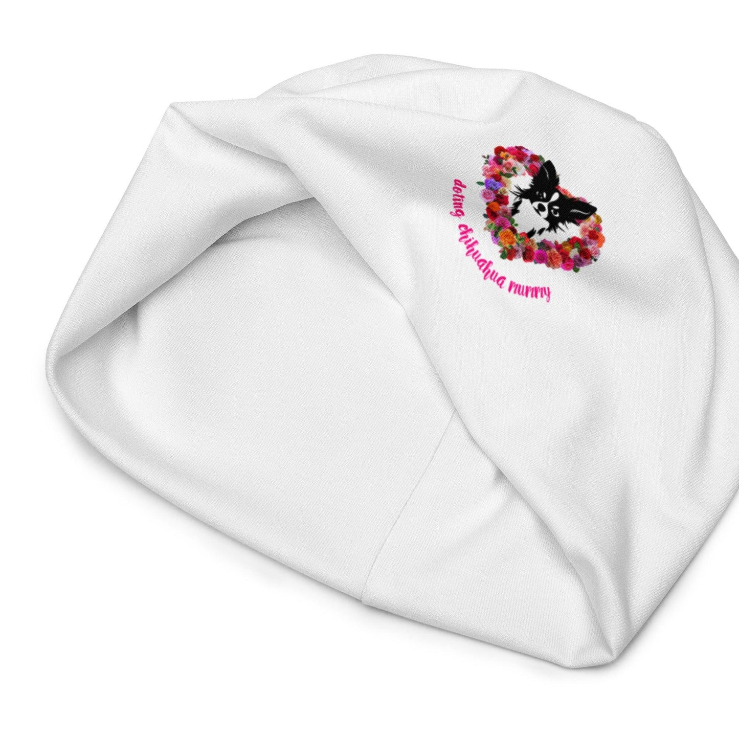 White chihuahua mum beanie. There's something so special about the bond between a girl and her chi baby. These cute little dogs charm their way deep into their mum's heart. This soft and comfy chihuahua and roses beanie makes a divine Mother's Day / birthday / Christmas gift for a doting chihuahua mummy. "Aw" guaranteed! Design by Renate Kriegler for Chimigos.