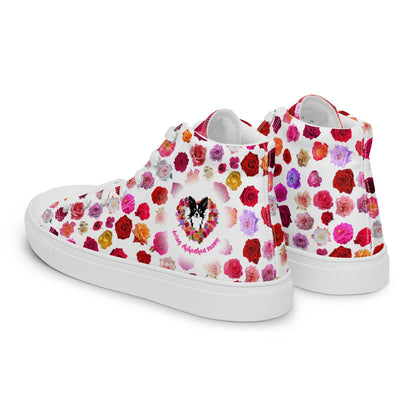 There's something so special about the bond between a girl and her chi baby. Chihuahuas charm their way deep into their mum's heart. These on-trend white lace-up canvas booties are covered in roses of many shades. The outer heels feature a long-haired black and white chihuahua surrounded by a heart-shaped garland of roses and the words "doting chihuahua mummy". An adorable Mother's Day / birthday / Christmas gift for a doting chihuahua mum. "Aw" guaranteed! Design by Renate Kriegler for Chimigos.
