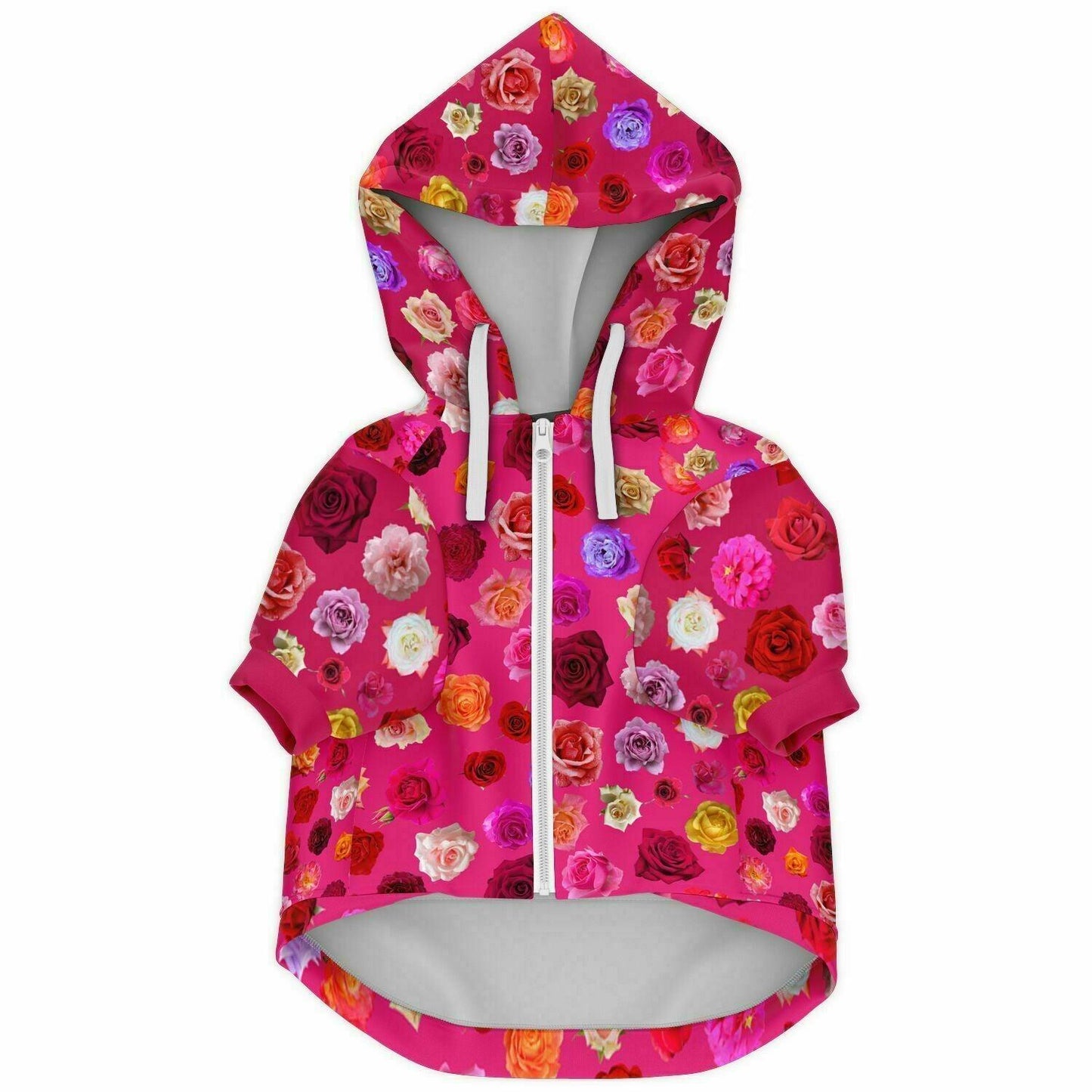 I love my Daddy pink Chihuahua girl hoodie jacket. Covered in roses of many shades. A handy velcro pouch pocket on the back features a chihuahua surrounded by a love heart of roses and the words "I love my Daddy". The chest zips open and the hoodie even comes with an on-trend flat drawstring. So cute! The inside is brushed fleece to keep your chi cosy on walkies, or on cold winter nights cuddling on the sofa. Design by Renate Kriegler for Chimigos.