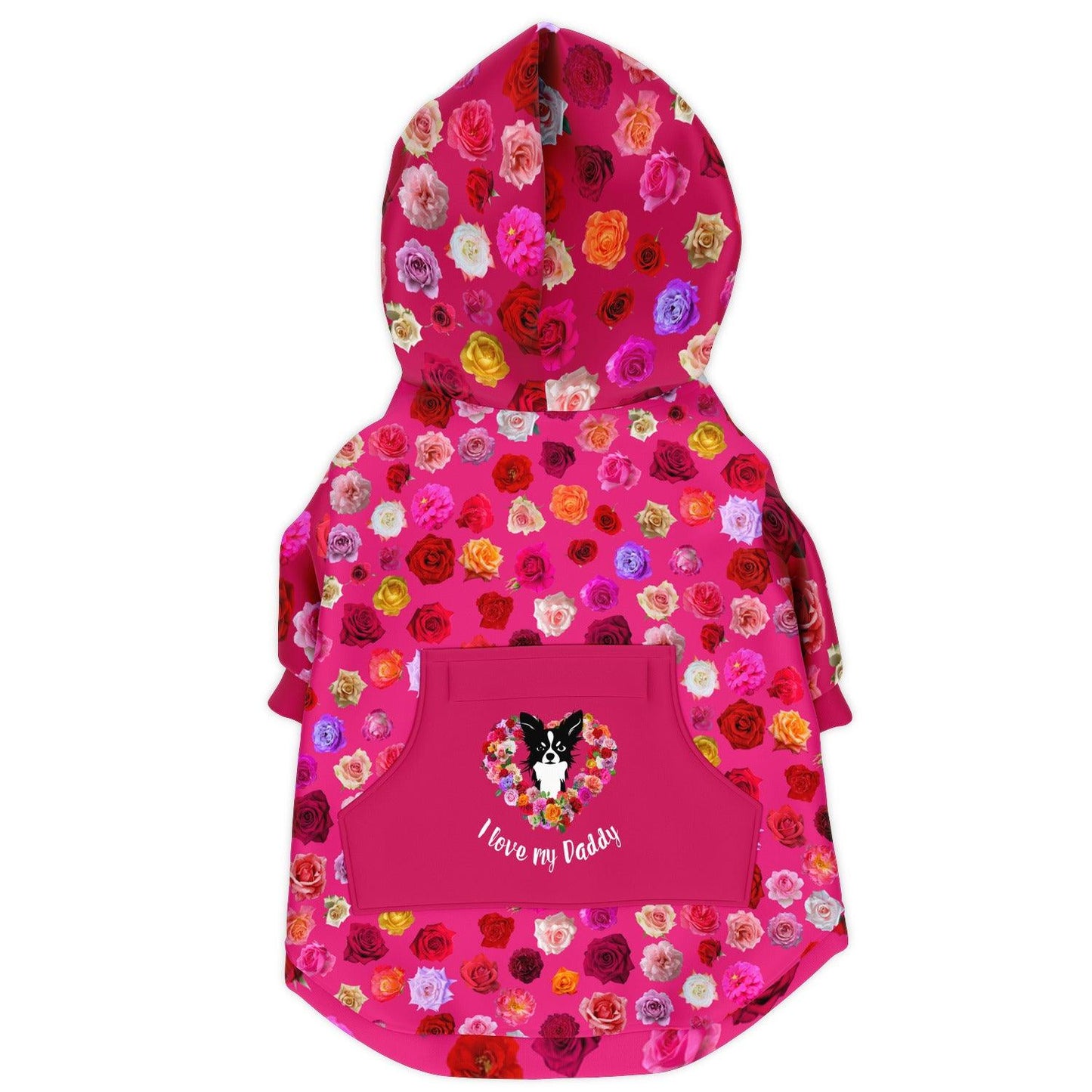I love my Daddy pink Chihuahua girl hoodie jacket. Covered in roses of many shades. A handy velcro pouch pocket on the back features a chihuahua surrounded by a love heart of roses and the words "I love my Daddy". The chest zips open and the hoodie even comes with an on-trend flat drawstring. So cute! The inside is brushed fleece to keep your chi cosy on walkies, or on cold winter nights cuddling on the sofa. Design by Renate Kriegler for Chimigos.